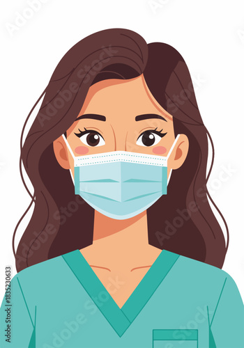 Female nurse or dental hygienist wearing medical face mask. Healthcare professional character in flat design. Young woman in scrubs with protective mask