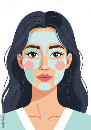 Woman with cosmetic face mask for skincare routine. Dermatology and beauty treatment concept. Flat design graphic isolated on white