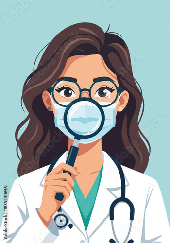 Female doctor holding magnifying glass. Medical research and diagnosis concept. Flat design character graphic