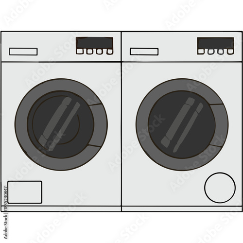 Two White Laundry Machines Side By Side With Dark Gray Fronts And Control Panels In A Clean White Background With Minimalist Design