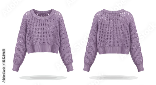 Front and back showcasing a lavender open-knit sweater, presenting a relaxed yet fashionable design, featuring long sleeves and a textured pattern