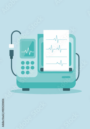 Medical ECG machine with paper printout. Vertical graphic of cardiology heart rate monitor device. Flat design style