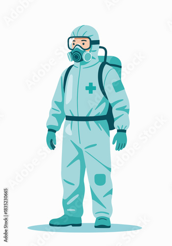 Medical worker in protective hazmat suit with gas mask. Vertical flat design character isolated on white. Safety and virus protection concept