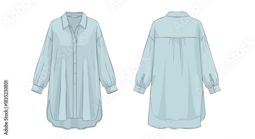 Elegant long-sleeve shirt dress technical drawing: front and back view showcases style and details featuring lightweight fabric and a sophisticated