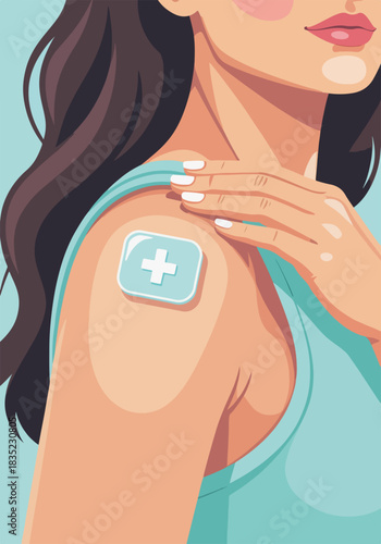 A woman with a medical patch on her shoulder. Vertical close-up of a vaccination or pain relief treatment. Flat design graphic for healthcare and wellness concepts