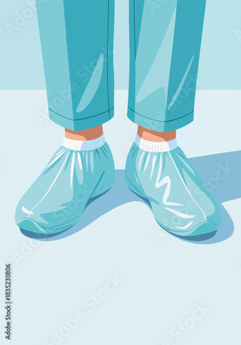 Medical professional wearing protective shoe covers and scrubs. Flat design graphic representing hygiene and safety. Personal protective equipment for hospital or clinical use