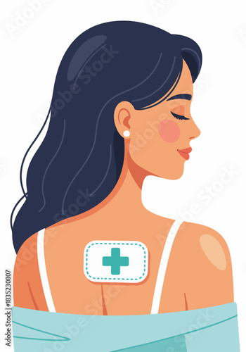 Woman with a medical patch for pain relief on her back. Healthcare and muscle ache treatment concept. Modern flat design graphic.