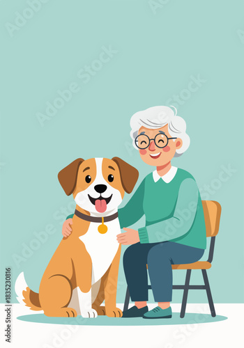 A happy elderly woman petting her companion dog. Senior care and animal-assisted therapy concept. Flat cartoon graphic.