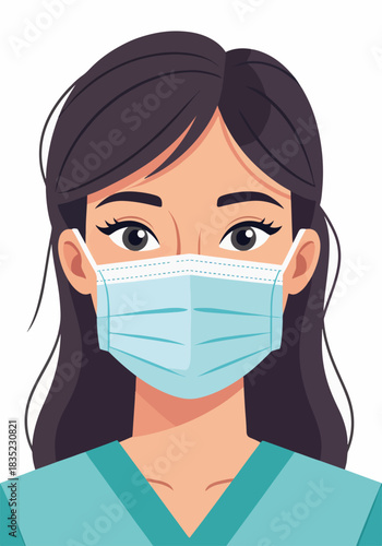 Female doctor wearing a surgical face mask. Healthcare professional character graphic. Flat design portrait for medical and pandemic concepts