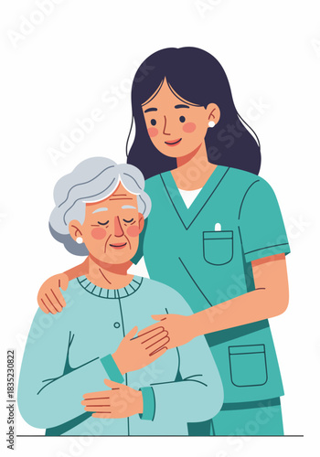A compassionate caregiver comforting an elderly woman. Senior healthcare and nursing support concept. Flat design graphic isolated on a white background.