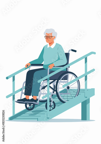 Senior woman in a wheelchair on an accessibility ramp. Elderly patient care, disability, and mobility concept. Flat design graphic