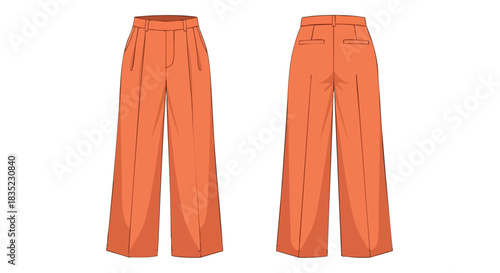 Front and Back Technical Fashion Illustration of Stylish Wide Leg Trousers in Copper Hue offering versatility and comfort for creative apparel