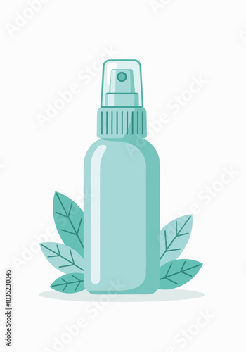 Vertical illustration of a natural herbal medicine spray bottle. Flat design graphic of a cosmetic or health product. Blank container for skincare isolated on a white background
