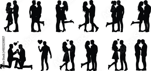 Collection of romantic couple silhouettes showing affection, kissing, hugging, and proposing, symbolizing love, passion, relationship, commitment, and tender romantic moments in vector illustration.