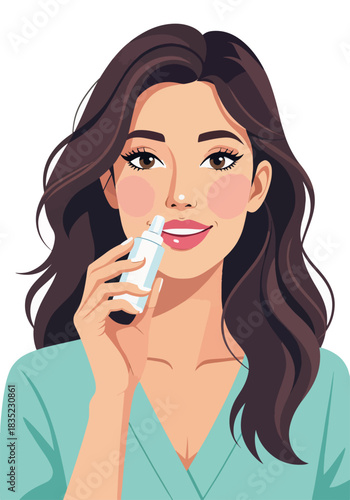 A flat graphic of a woman using a nasal spray. Medical and healthcare concept for allergy or cold treatment. Character portrait isolated on a white background