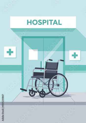 Hospital entrance with a wheelchair on an accessibility ramp. Flat design graphic for medical care and healthcare services
