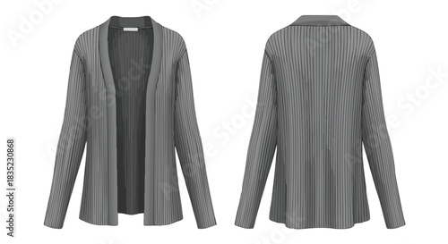 Elegant gray pleated cardigan showcasing versatile style from front and back views for fashion catalog representation