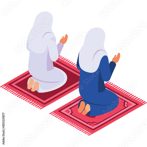 Two Women Wearing Hijabs Praying on Prayer Mats Indoors with Their Hands Raised in Supplication