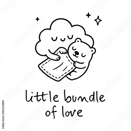Cloud and bear cuddling under stars in peaceful sleep, vector illustration