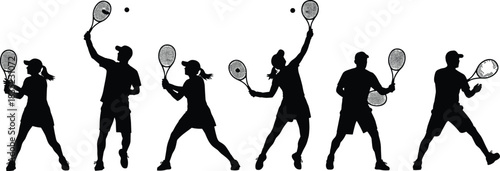 Collection of six dynamic tennis player vector silhouettes, displaying various action poses, overhead serves, and forehand swings, ideal for sports, fitness, and athletic promotion graphics.