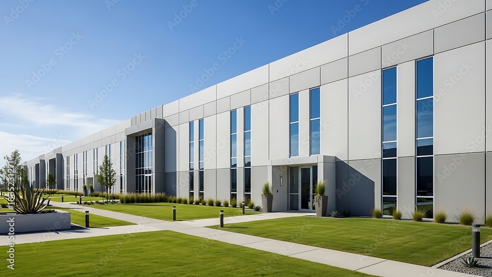 Obraz premium Exterior facade of a modern industrial or commercial building with a landscaped green lawn under a clear blue sky