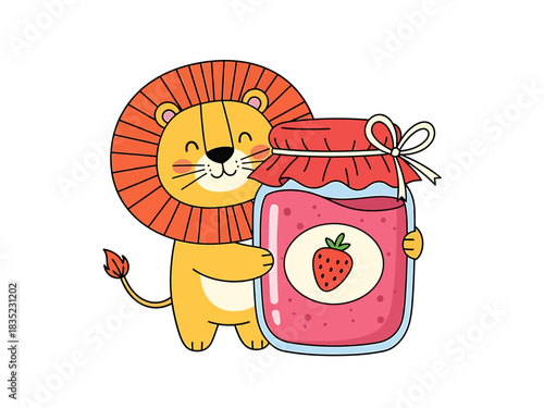 Cute lion holding strawberry jam jar  lion, jam, strawberry, jar