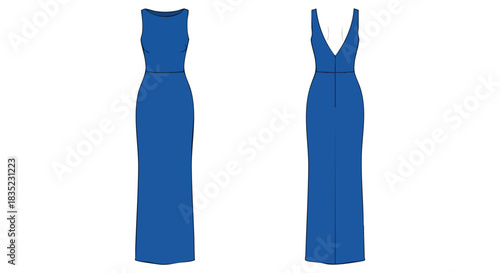 Illustrative rendering showcasing a stylish floor-length blue evening gown with a modern design on a clean background