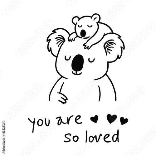 Koala parent and baby cuddling in peaceful message of love, vector illustration