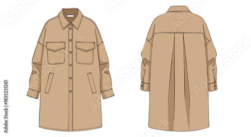 Technical Fashion Illustration of a Beige Overshirt Dress with Front and Back Views for Design Concepts