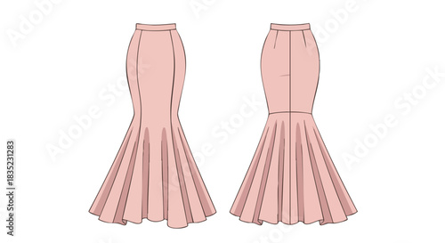 Elegant blush mermaid skirt fashion sketch for garment industry design and manufacturing process