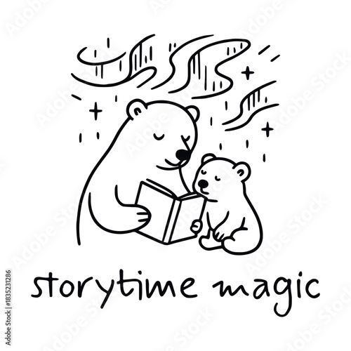 Bear reading storybook to cub in magical bedtime moment, vector illustration
