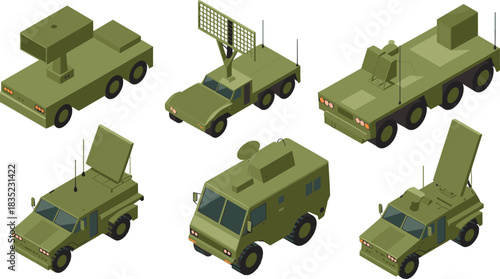 Isometric Military Communication and Radar Vehicles Vector Set