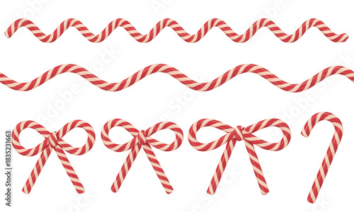 Candy cane borders and bows set, featuring red and white striped Christmas elements in detailed 3d vector illustration,