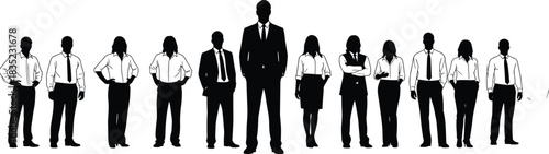Corporate business leader standing confidently in front of his diverse professional team, representing authority, successful collaboration, management, and executive leadership in a vector silhouette.