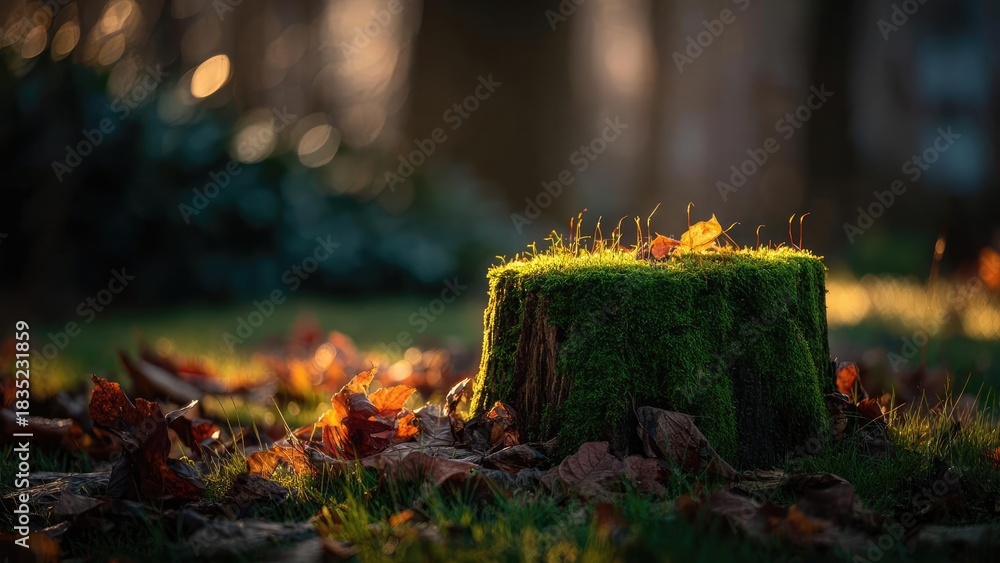 Naklejka premium Moss-covered tree stump bathed in warm autumn sunlight, surrounded by fallen orange leaves. Concept Autumn Forest Lighting, Moss-covered Stump, Warm Sunlight, Orange Leaves, Rustic Nature Portrait