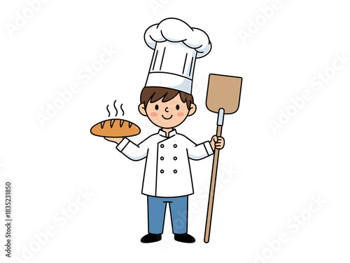 Cartoon baker holding bread and peel  baker, chef, cook, bread, loaf