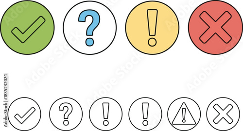 Approval Symbols Check, Question, Exclamation, and Cross in Colored & Outline Circles