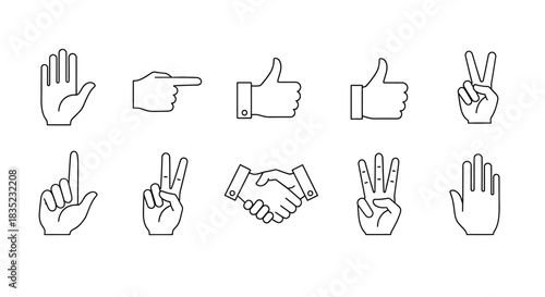 A collection of hand gestures depicted as simple black and white line art icons