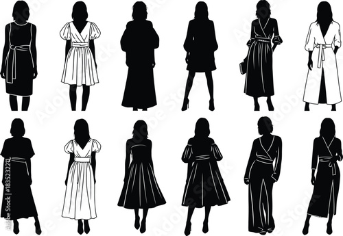 Silhouettes of women in various outfits fashion illustration black and white