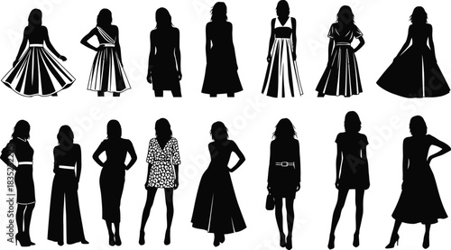 Fashion silhouette collection diverse women in stylish outfits black and white