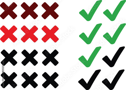 Approve and Reject Icon Set with Red Crosses and Green Checks on White