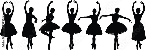 Silhouette of ballerinas in various poses ballet dancers in a row