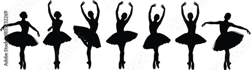 Silhouette of ballerinas in various poses performing ballet dance