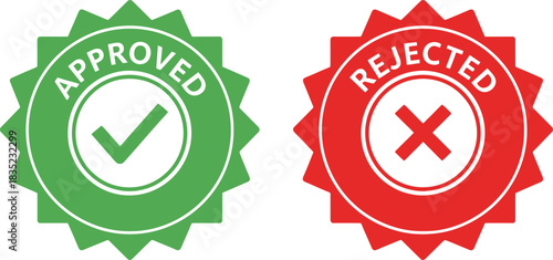Approved and Rejected Icon Set, Green Check Mark and Red Cross Design