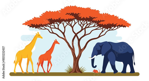 African savanna scene with giraffes an elephant and a colorful tree