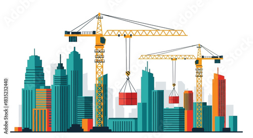 Cityscape construction with multiple cranes lifting materials in a vibrant illustration
