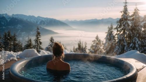 Person relaxing in an outdoor hot tub on a snowy mountainside, steam rising as dawn lights snow-covered trees and distant misty valley. Concept Winter hot tub serenity, Dawn over snowy mountains