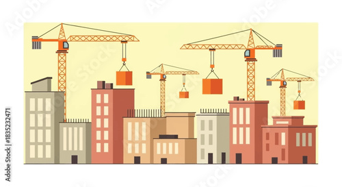 Cartoon illustration of a city construction site with multiple cranes lifting cargo