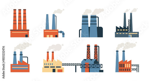 Illustrative set of industrial factory buildings with smoking chimneys and structures
