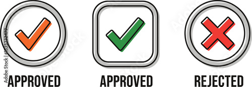 Approved Rejected Stamps Set, Orange Green Checkmarks, Red Cross, White Background